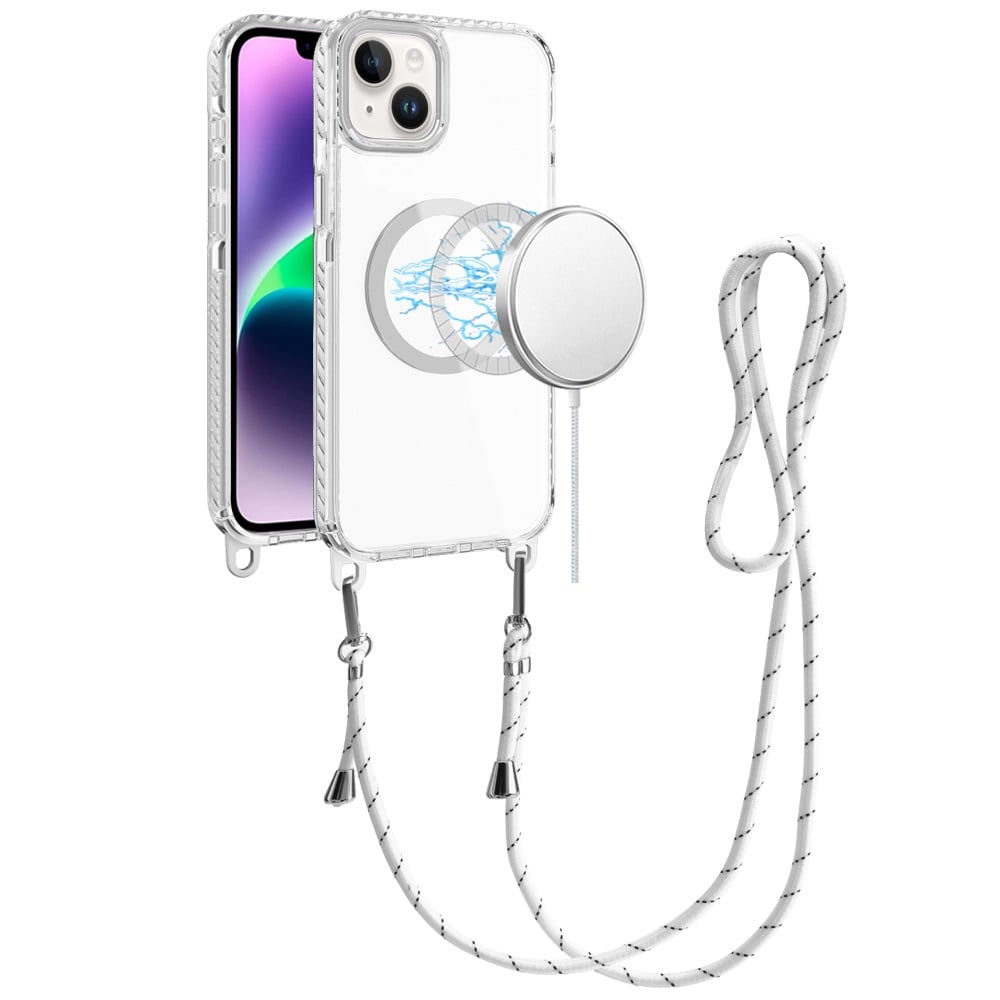 For iPhone 14/13 (6.1") Clear Magnetic Frame PC Back Shockproof Protective Case with Detachable Lanyard Strap, Compatible with MagSafe Case Cover White