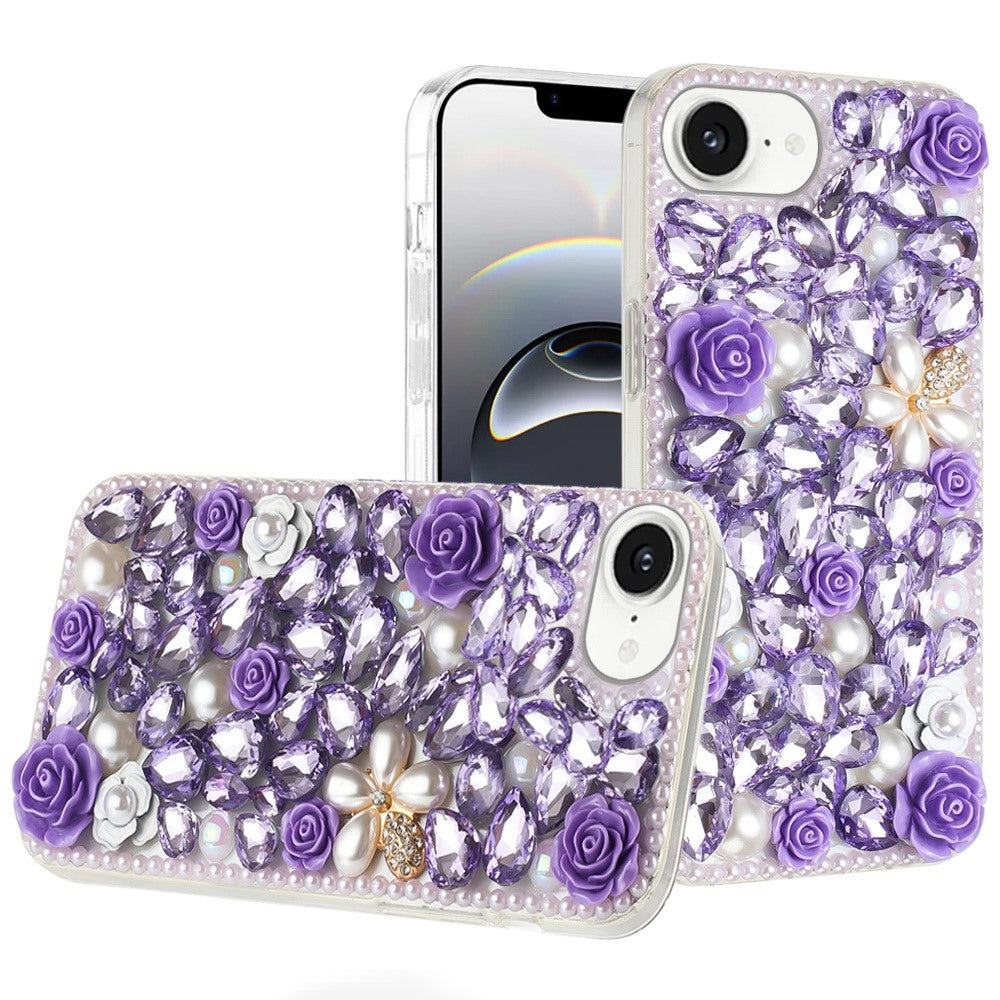 For Apple iPhone 17E /16E Fashion Rose Flower Floral, 3D Bling Crystal Full Diamonds Pearl Sparkle Rhinestone Glitter Hybrid Case Cover Purple