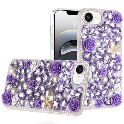 For Apple iPhone 17E /16E Fashion Rose Flower Floral, 3D Bling Crystal Full Diamonds Pearl Sparkle Rhinestone Glitter Hybrid Case Cover Purple
