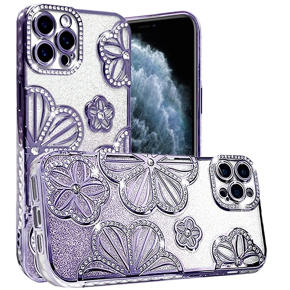 For Apple iPhone 11 Pro Max Luxury Flower Design Sparkle Glitter Diamond Rhinestone Shimmer Bling Plating Thick TPU Hard PC Case Cover