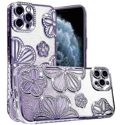 For Apple iPhone 11 Pro Max Luxury Flower Design Sparkle Glitter Diamond Rhinestone Shimmer Bling Plating Thick TPU Hard PC Case Cover