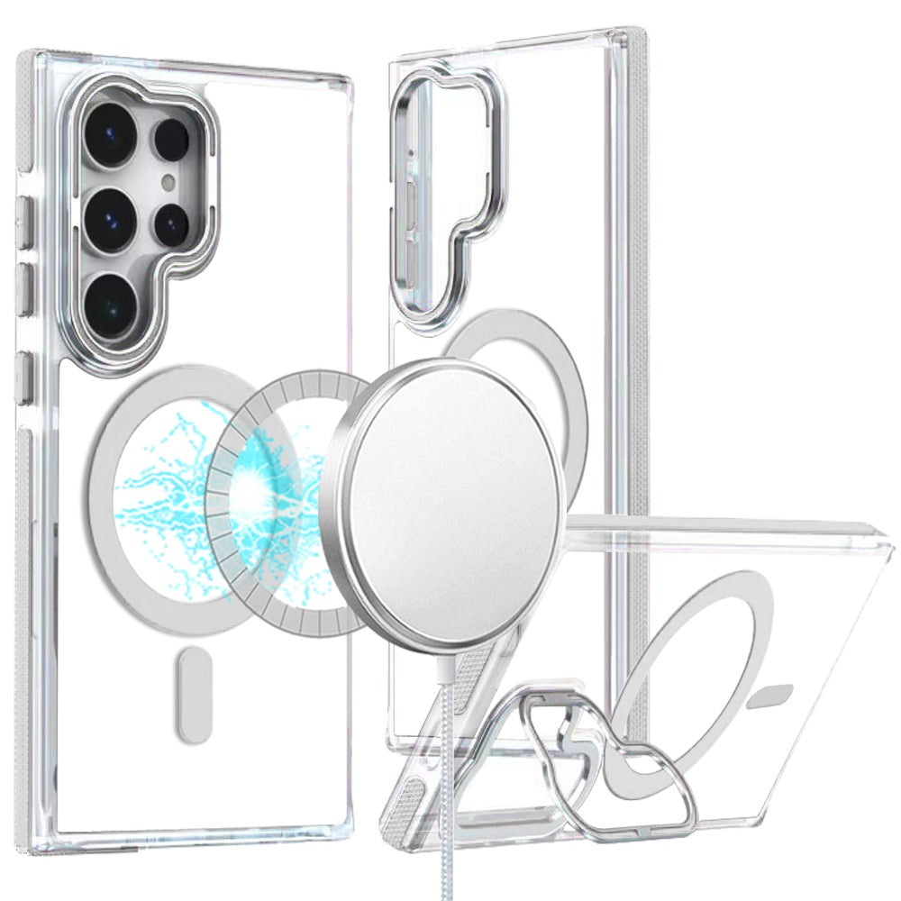 For Samsung Galaxy S25 /S24 Hybrid Clear Back Case with Invisible Camera Bracket Stand, MagSafe Magnetic Circle, Shockproof Color Frame Case Cover