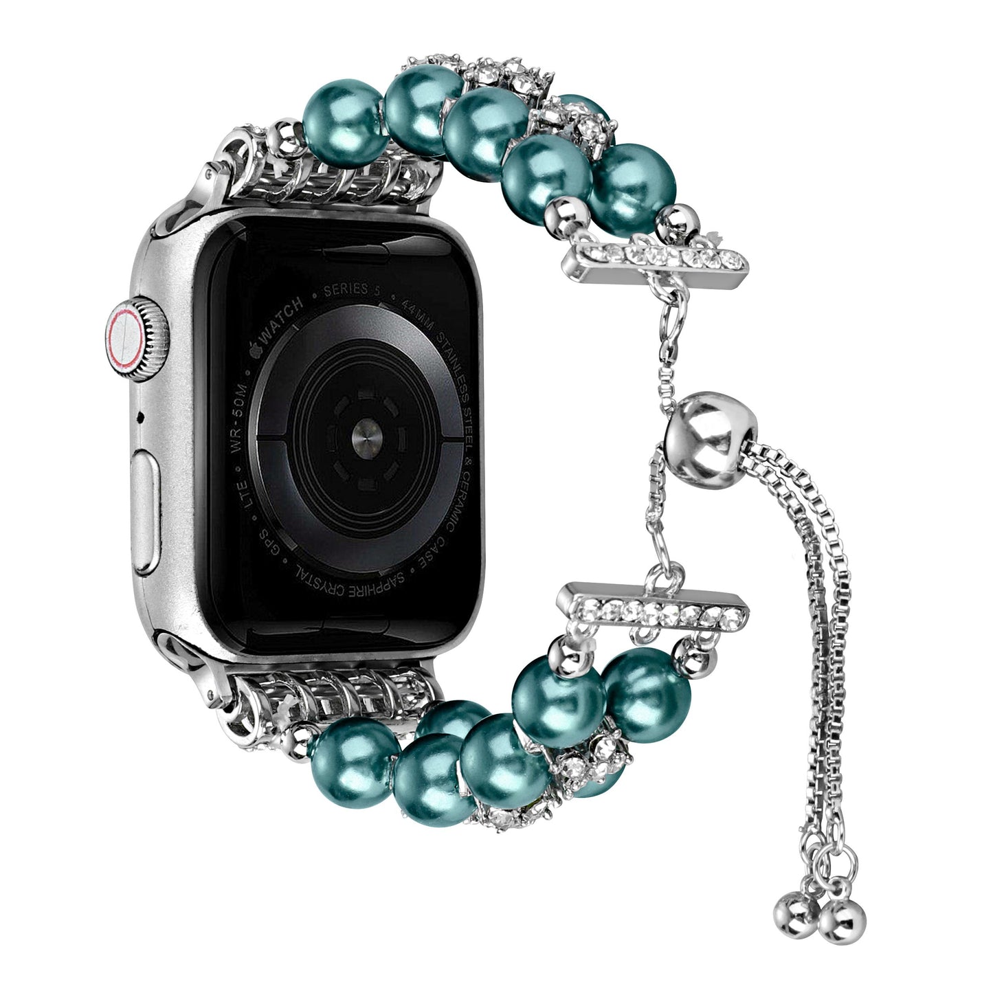 Watch Band for Apple Watch 42/44/45/46mm & Ultra 49mm, Series 4-10 & SE Pearls Fashion Bling Strand Metal Adjustable replacment Bracelet Style with Secure Attachment