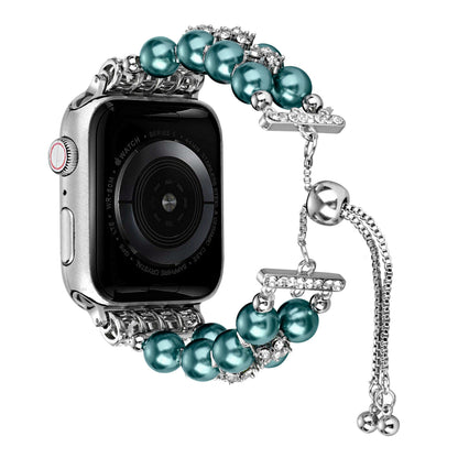 Watch Band for Apple Watch 42/44/45/46mm & Ultra 49mm, Series 4-10 & SE Pearls Fashion Bling Strand Metal Adjustable replacment Bracelet Style with Secure Attachment