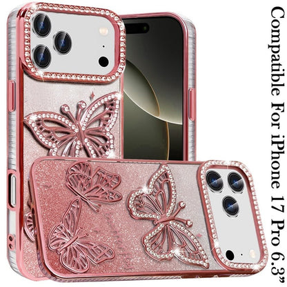 For Apple iPhone 17 Pro (6.3") Luxury Butterfly Sparkle Glitter Diamond Crystal Rhinestone Shimmer Bling Plating Thick TPU Hard PC Case Cover