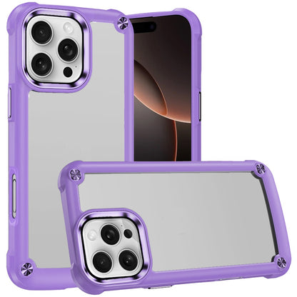 Phone Case for iPhone 16 Pro Max Ultimate Hybrid Transparent Rubber with Metal Buttons & Camera Edges, Hard TPU Frame Corner Bumper Cover Purple