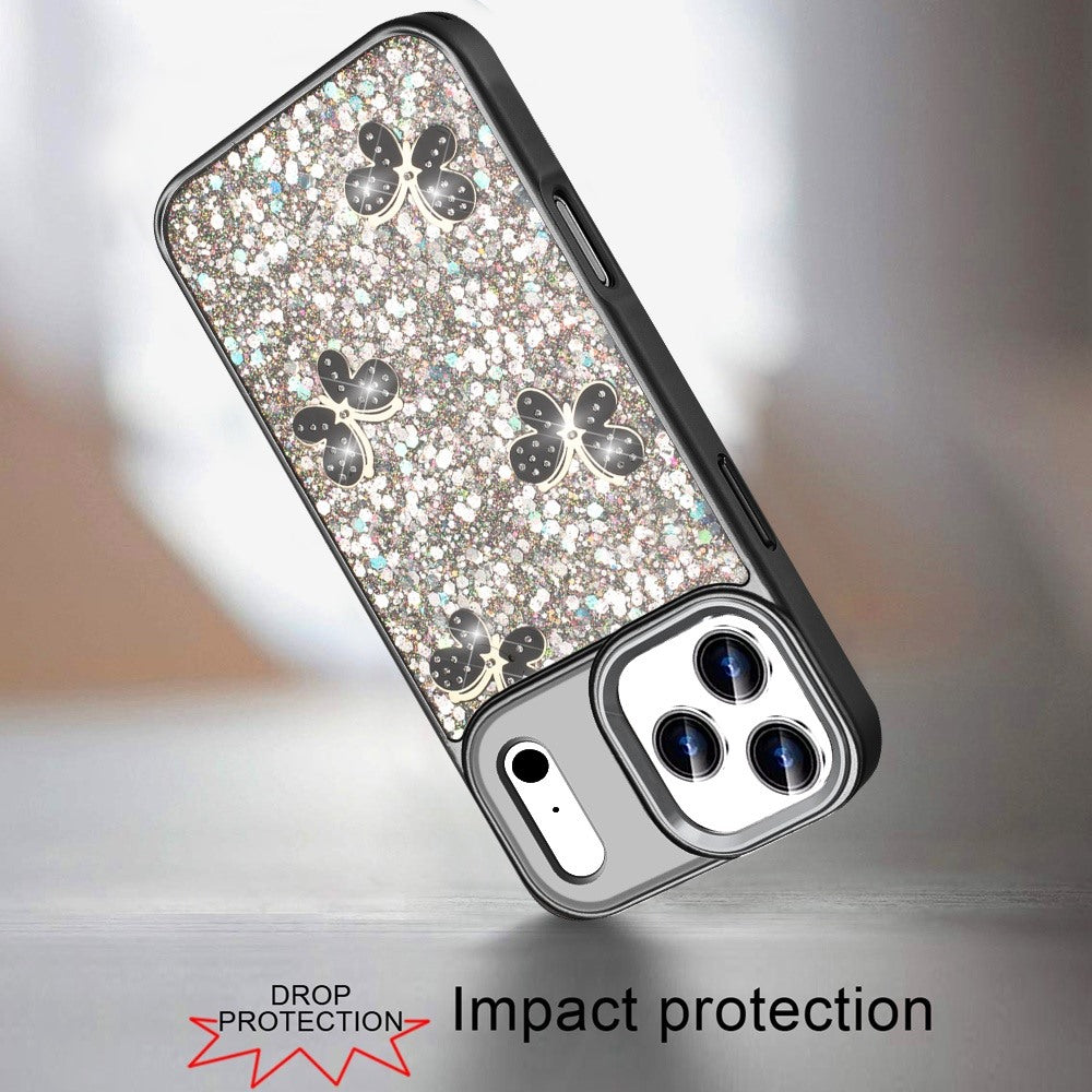 For Apple iPhone 17 Pro Max (6.9") Cute Butterfly Crystal Diamond Glitter Case Sparkle Bling Frame Metallic Edges, Shimmer TPU Hybrid Case Cover
