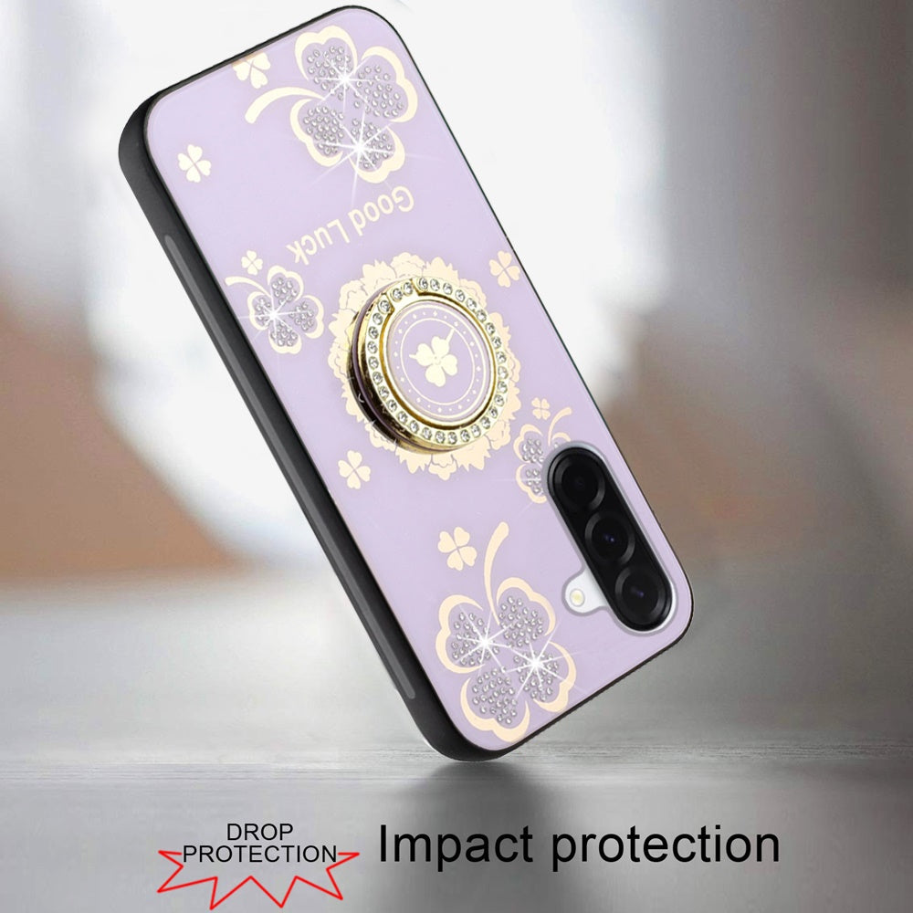 Phone Case for Galaxy A17 5G Diamond 3D Fashion Floral Glitter Engraved Luxury Bling Hybrid Shockproof Chrome Edge Protective Grip Cover Purple