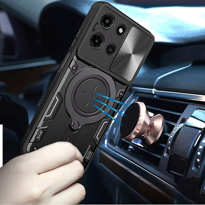 Phone Case for Motorola Edge (2025) Magnetic Ring Stand Shockproof Hybrid Full Camera Slide Guard Anti Slip Heavy Duty Protective Armor Cover Black