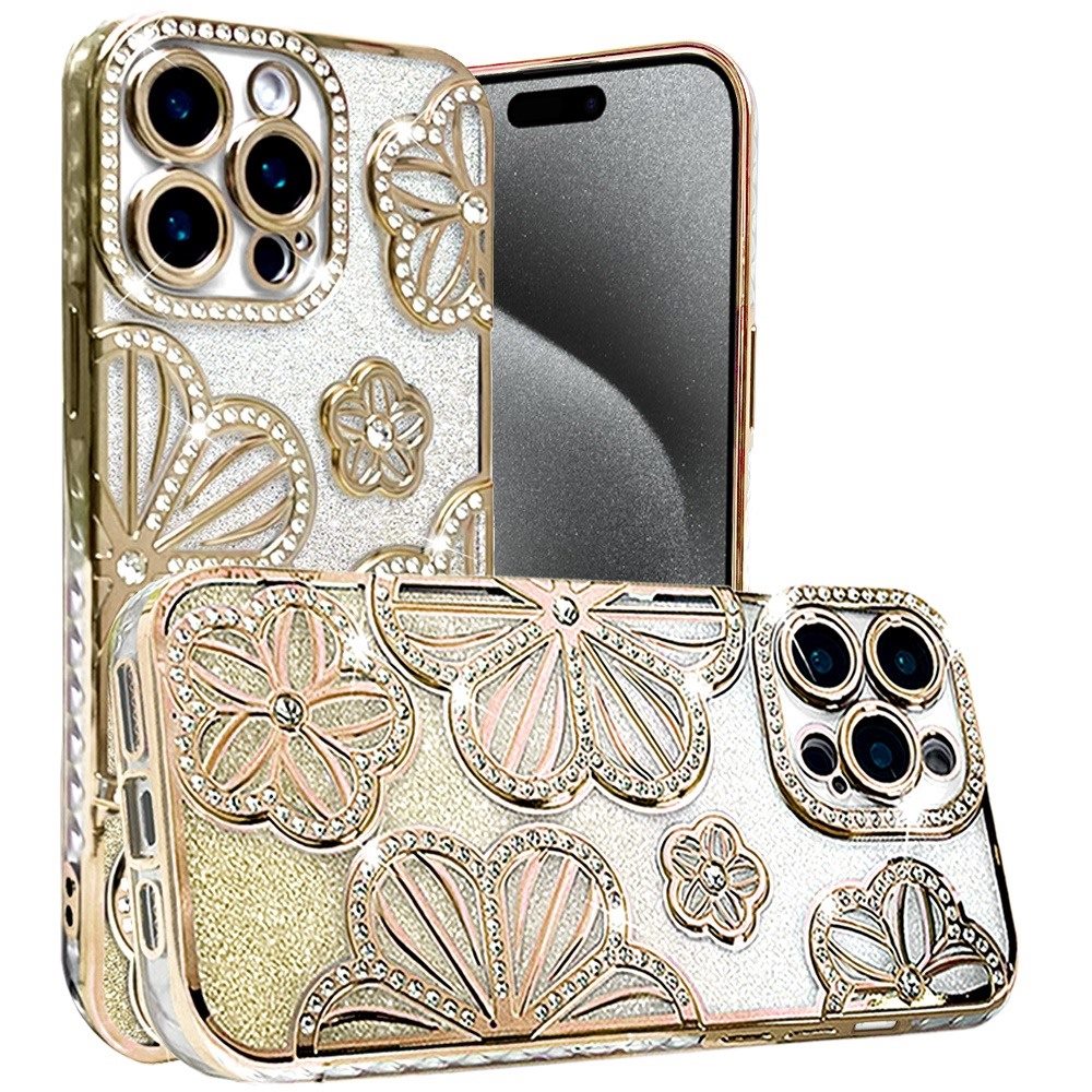 For Apple iPhone 15 Pro Max Luxury Flower Design Sparkle Glitter Diamond Rhinestone Shimmer Bling Plating Thick TPU Hard PC Case Cover