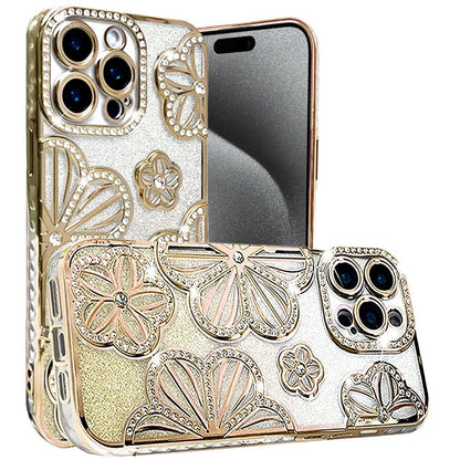 For Apple iPhone 15 Pro Max Luxury Flower Design Sparkle Glitter Diamond Rhinestone Shimmer Bling Plating Thick TPU Hard PC Case Cover