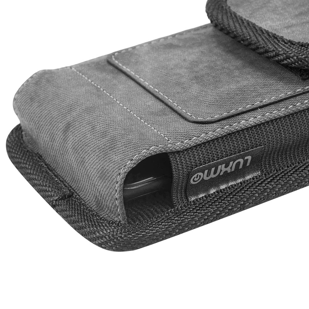 For Apple iPhone 16 Pro (6.3") Universal Vertical Fabric Case Holster with 2 Card Slots, Pen Holder, Belt Clip Loop & Hook Carrying Phone Pouch [Black]