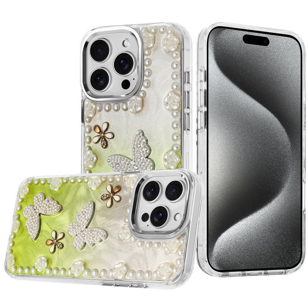 For Apple iPhone 11 Bling Fashion Design with 3D Pearls Epoxy Glitter Ornaments Chrome Edge Hard Slim PC Case Cover