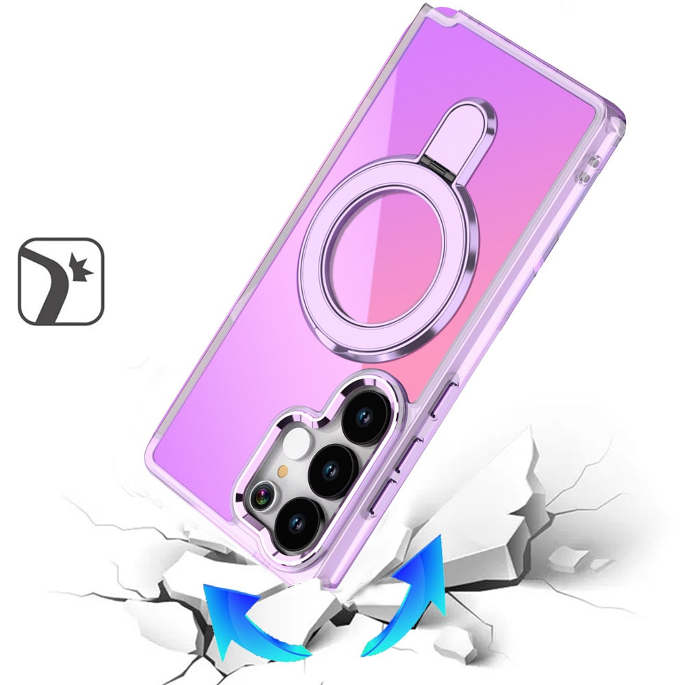 For Samsung Galaxy S25 Ultra Chrome Hybrid with Rotating Magnetic Circle Ring Stand, Slim Shockproof Hybrid Case Cover