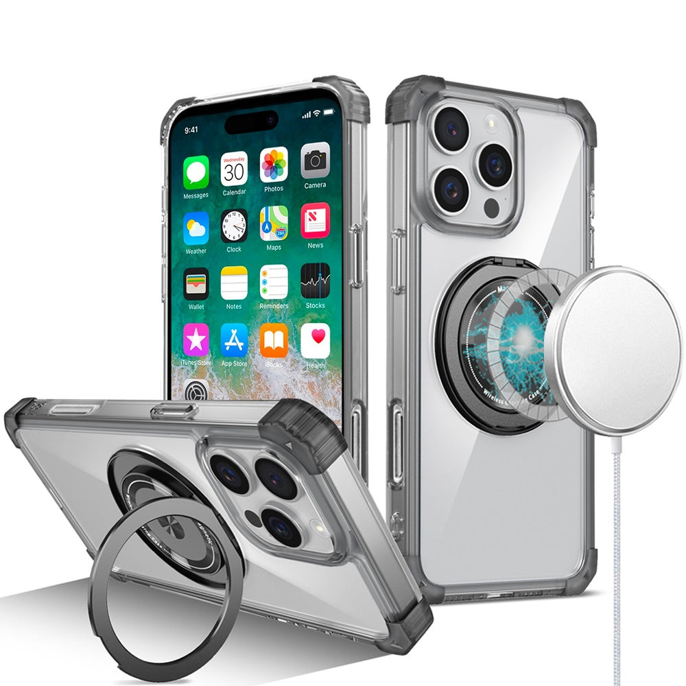 For Apple iPhone 16 Plus (6.7") Magnetic [Compatible with Magsafe] with 360° Rotatable Ring Holder Invisible Stand Transparent Case Cover