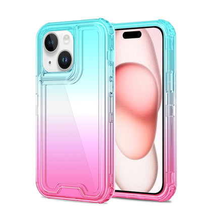 For Apple iPhone 16 Plus (6.7") Hybrid 3in1 Clear Two Color Tone Transparent Shockproof Rubber TPU + Hard Protective Frame Case Cover Blue Teal + Pink