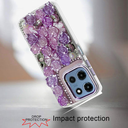 Phone Case for Motorola Moto G Play 5G 2026 3D Flower Bling Rhinestone Glitter Cute Stylish Shockproof Protective Decorative Luxury Grip Stones Ornaments Cover Purple
