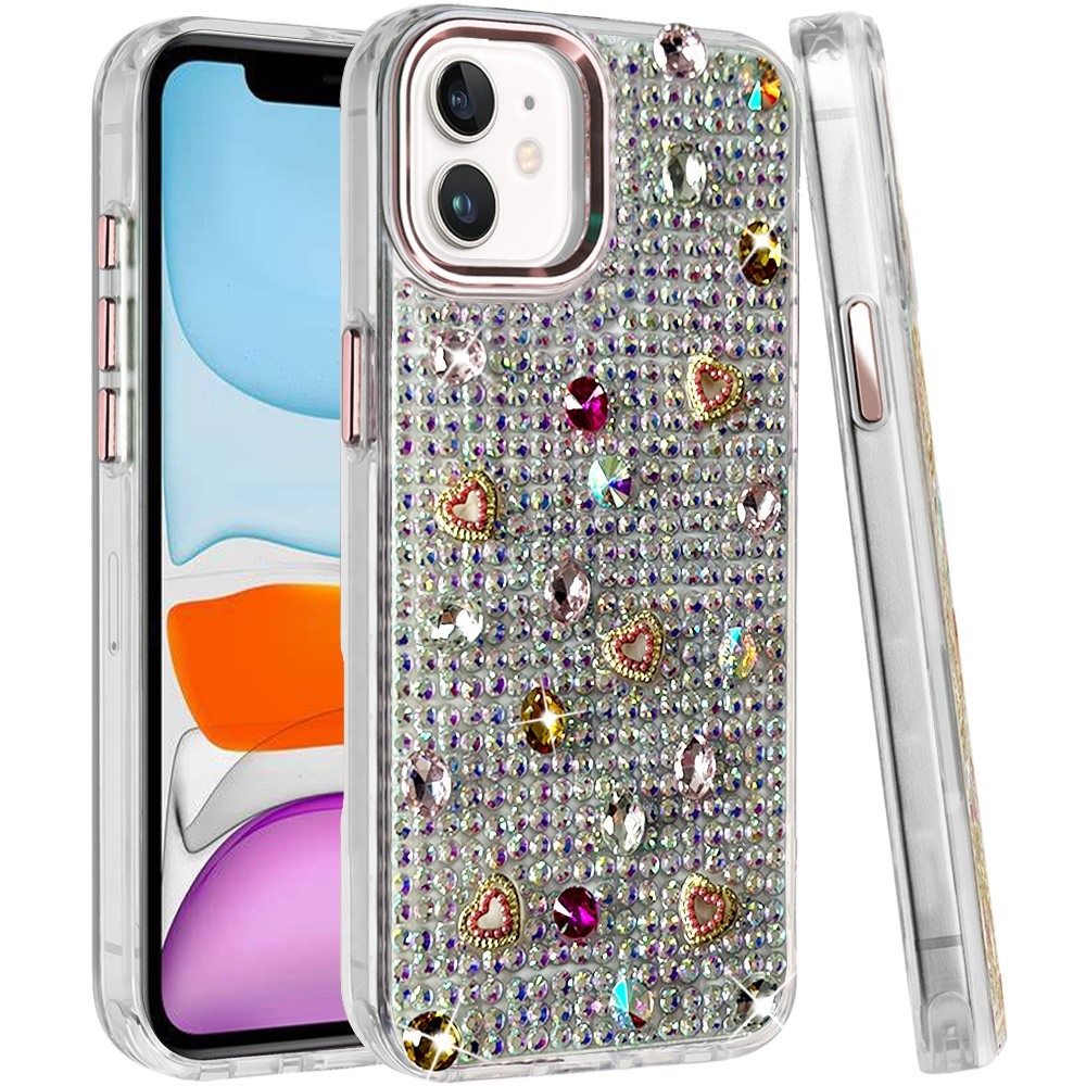 Phone Case for Apple iPhone 11 Chrome Fashion Hybrid Bling Diamond Heart Rhinestone Decorative Stones Sparkling Embellished Design Cover