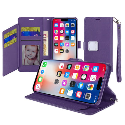 For Apple iPhone 14/13 Wallet Case with ID/ Card Holder, Wristlet Strap, Magnetic TPU Protective Shockproof Folio Flip Case Cover