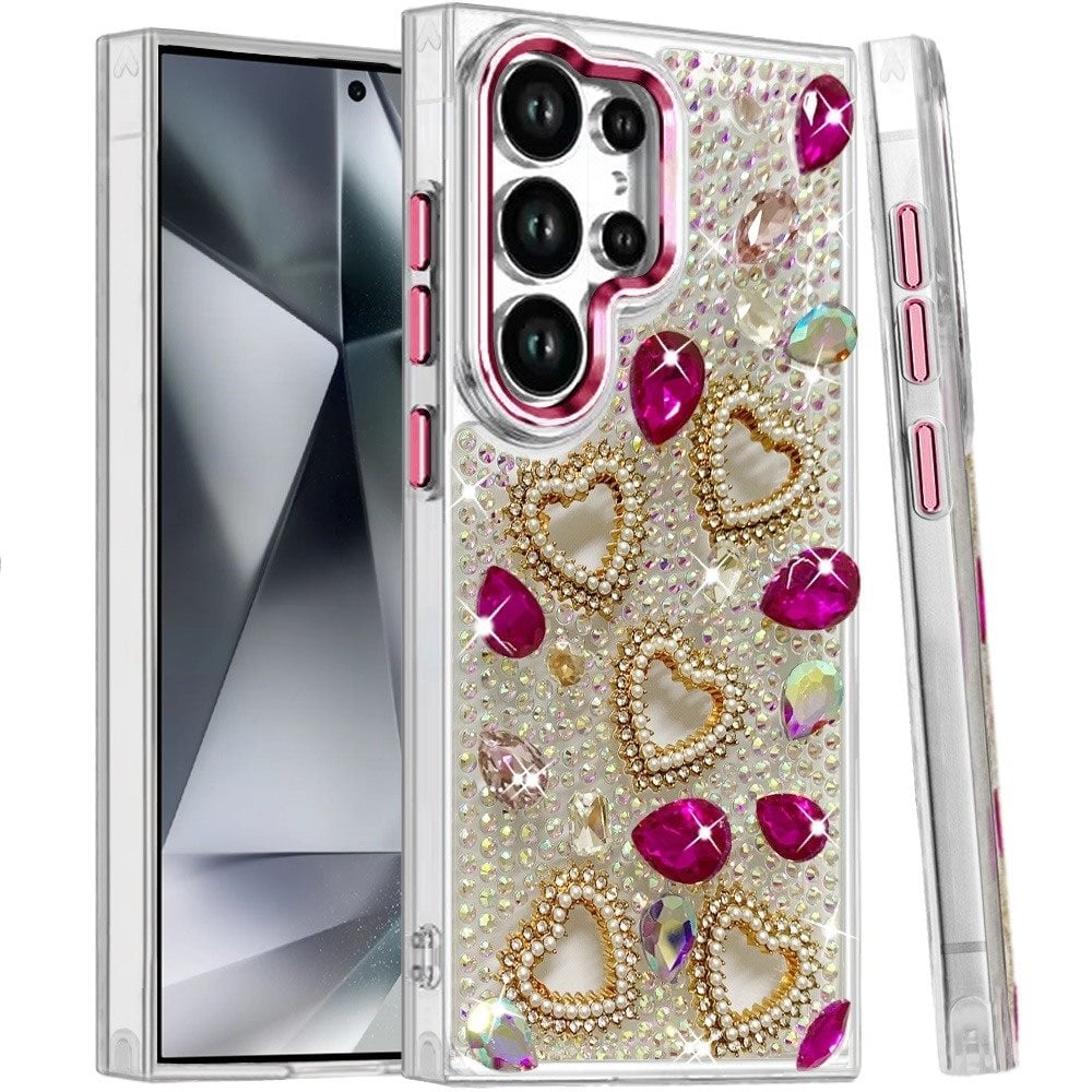 Phone Case for Samsung Galaxy S24 Ultra Luxury Crystal Heart Rhinestone Diamond Bling Shockproof Hybrid Glitter Protective Stylish Durable Grip Cover
