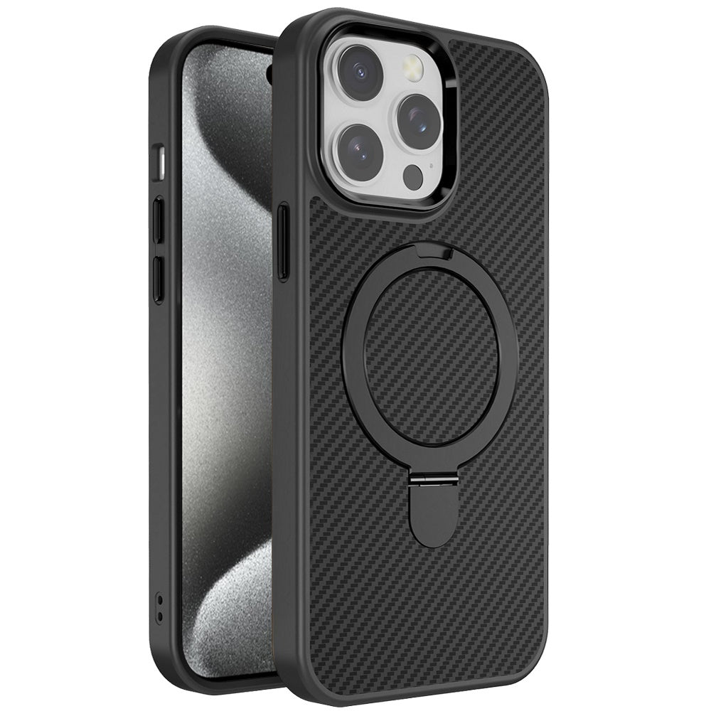 For Apple iPhone 16e (E edition) Hybrid Carbon Fiber Design with MagSafe Compatible [Magnetic Circle], Ring Stand Shockproof Slim TPU Case Cover