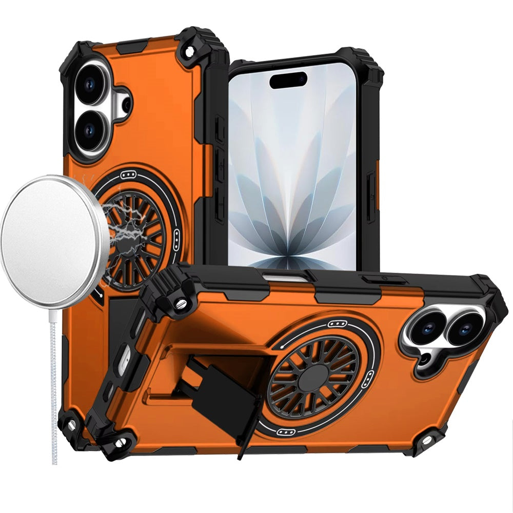 For Apple iPhone 17 (6.3") Texture Design Invisible Kickstand Case, MagSafe Compatible Hybrid Shockproof Cover, Car Mount Friendly Case Cover Cosmic Orange
