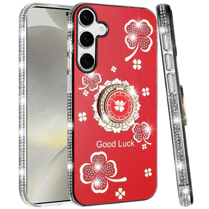 For Samsung Galaxy S25 /S24 Diamonds Bling All Around Edges Sparkly Glitter Hybrid with Ring Stand Holder Fashion Good Luck Case Cover