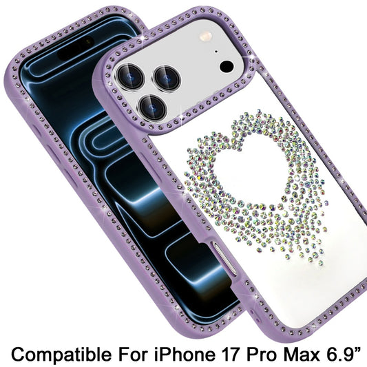 For Apple iPhone 17 Pro Max (6.9") Angel Hearts Glitter Shimmer Diamond Edge Hybrid Drop Protection Shockproof Design Case Cover Purple