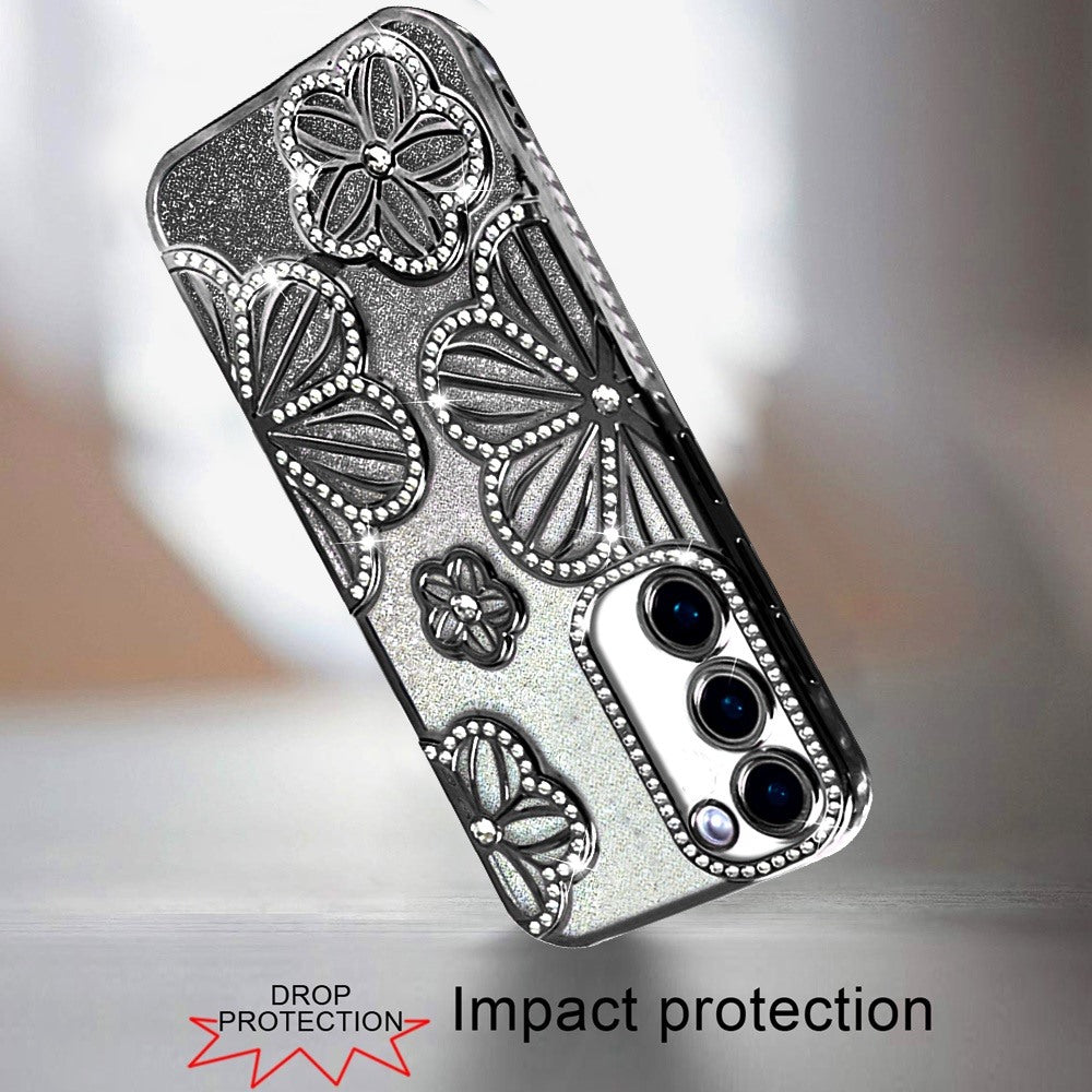 Phone Case for Samsung Galaxy S23 Shimmer Glitter Floral Thick TPU Shockproof Durable Grip Camera Protection Anti-Scratch Stylish Design Cover Black