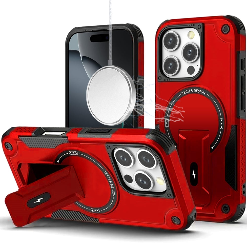 Phone Case for Apple iPhone 16 Pro Max Magnetic Kickstand Rugged Shockproof Armor Grip Anti Slip Heavy Duty Protective Matte Stand Hybrid Cover Red