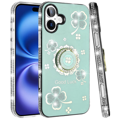For Apple iPhone 17 (6.3") Diamonds Bling All Around Edges Sparkly Glitter Hybrid with Ring Stand Holder Fashion Good Luck Case Cover