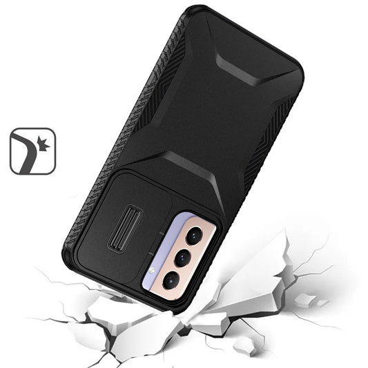 For Samsung Galaxy S21 Slim Fit Shockproof Hybrid with Slide Camera Window Covering, Rugged Tpu Silicone Hard PC Bumper Case Cover Black
