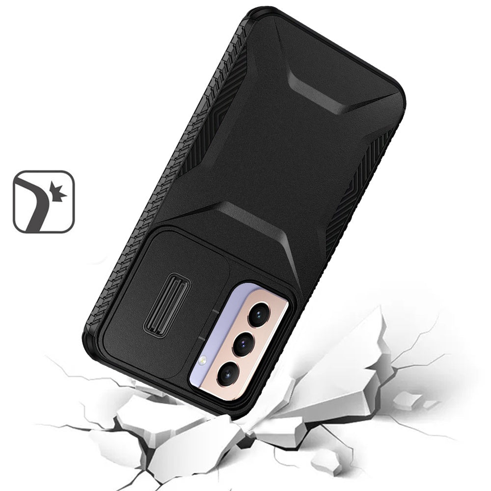 For Samsung Galaxy S21 Slim Fit Shockproof Hybrid with Slide Camera Window Covering, Rugged Tpu Silicone Hard PC Bumper Case Cover Dark Blue