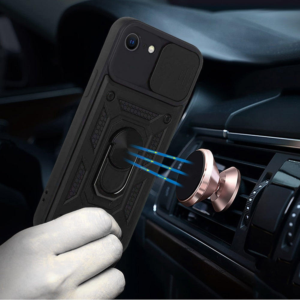 For Apple iPhone 17E /16E Hybrid Case with Slide Camera Lens Cover, Ring Kickstand, Heavy-Duty Dual Layer TPU, Fit Magnet Car Mount Case Cover