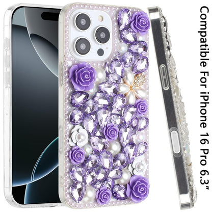 For Apple iPhone 16 (6.1") Fashion Rose Flower Floral Bling Crystal 3D Full Diamonds Pearl Sparkle Rhinestone Glitter Hybrid Case Cover
