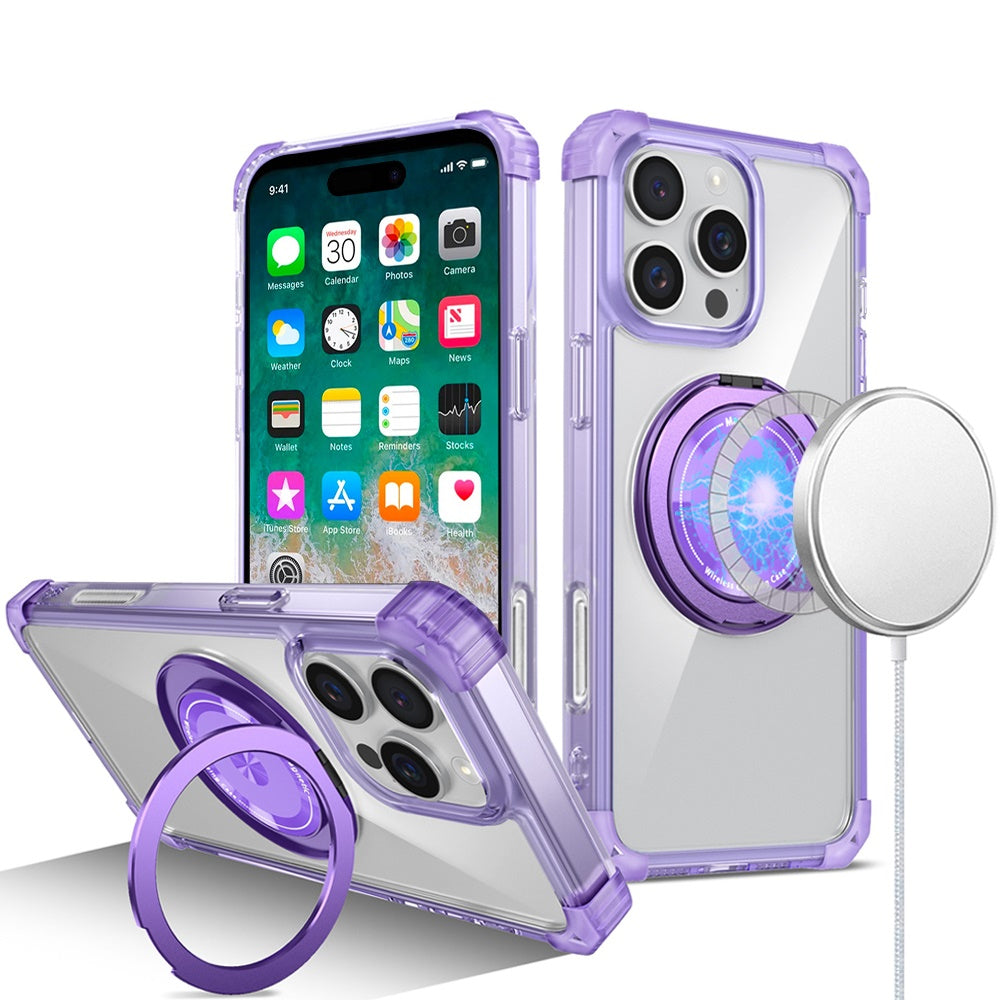 For Apple iPhone 16 Plus (6.7") Magnetic [Compatible with Magsafe] with 360° Rotatable Ring Holder Invisible Stand Transparent Case Cover