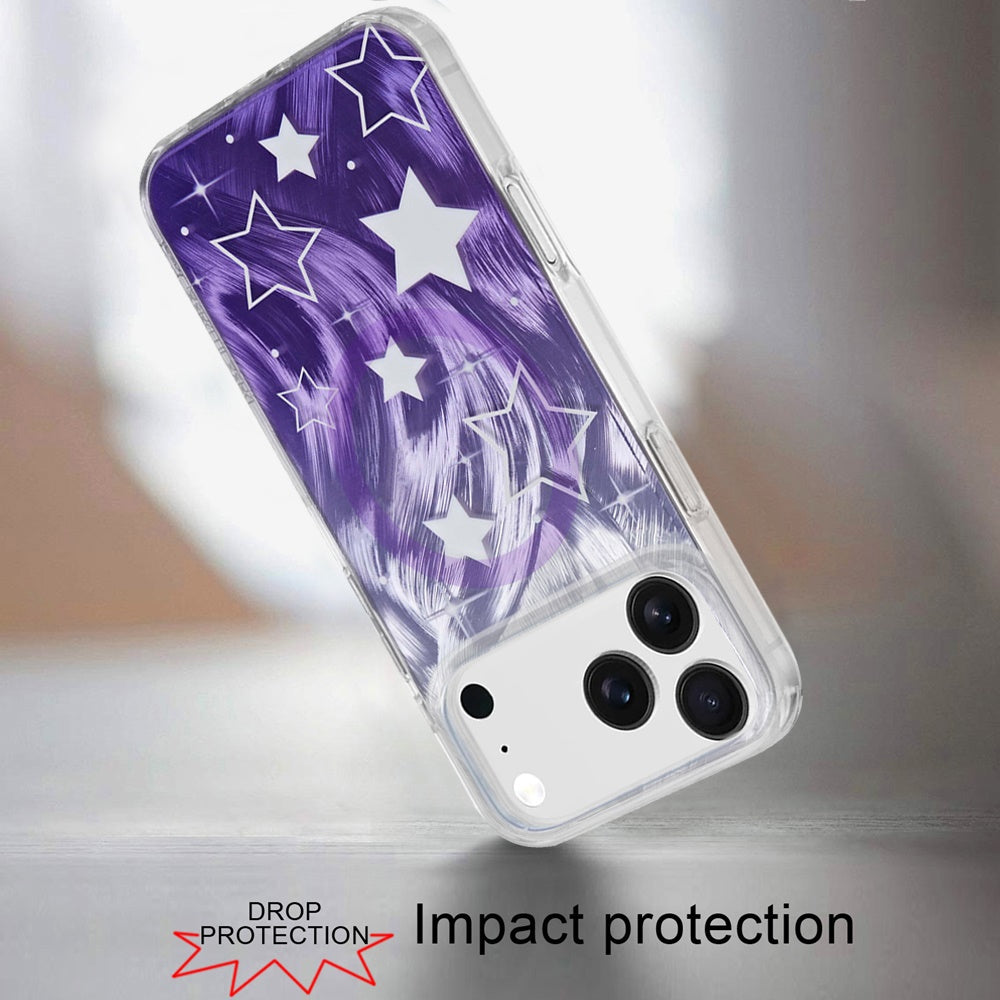 For Apple iPhone 17 Pro Stylish Pattern Fashion IMD Printed Design TPU Double Layer Slim Shockproof with Magnetic Back Case Cover Gradient Purple Star
