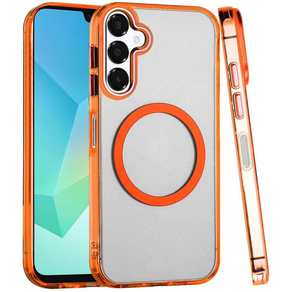 For Samsung Galaxy A16 5G Transparent Back Hybrid Case - Magnetic Circle, Color Frame, Metal Buttons, MagSafe Compatible Case Cover Cosmic Orange
