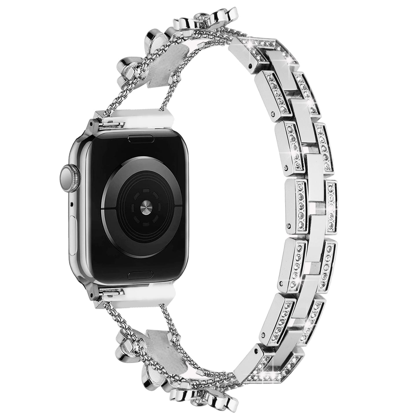 Watch Band for Apple Watch 42/44/45/46mm & Ultra 49mm, Series 4-10 & SE Zinc Alloy Floral Link Bracelet Rhinestone Secure Clasp Durable Metal Replacement Adjustable Silver