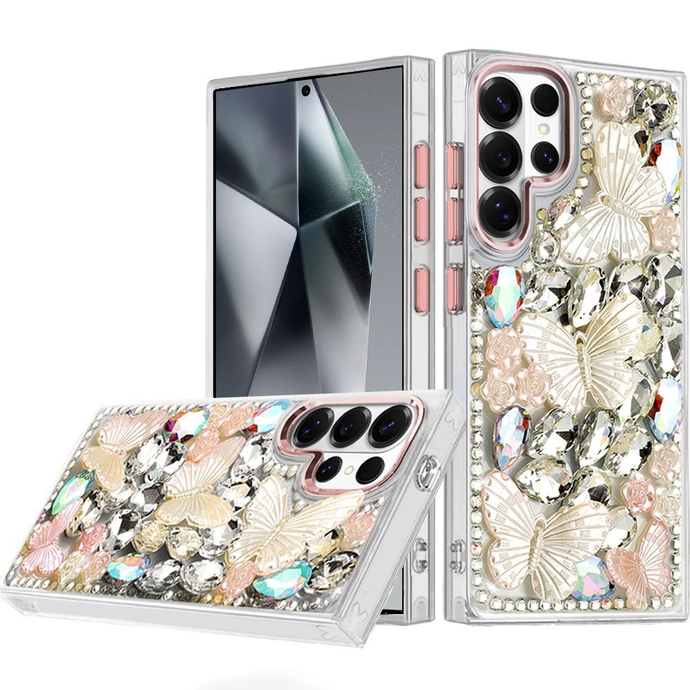 Phone Case for Samsung Galaxy S24 Ultra Luxury 3D Floral Butterfly Bling Rhinestone Glitter Shockproof Stylish Protective Hybrid Designer Metallic Cover Gold