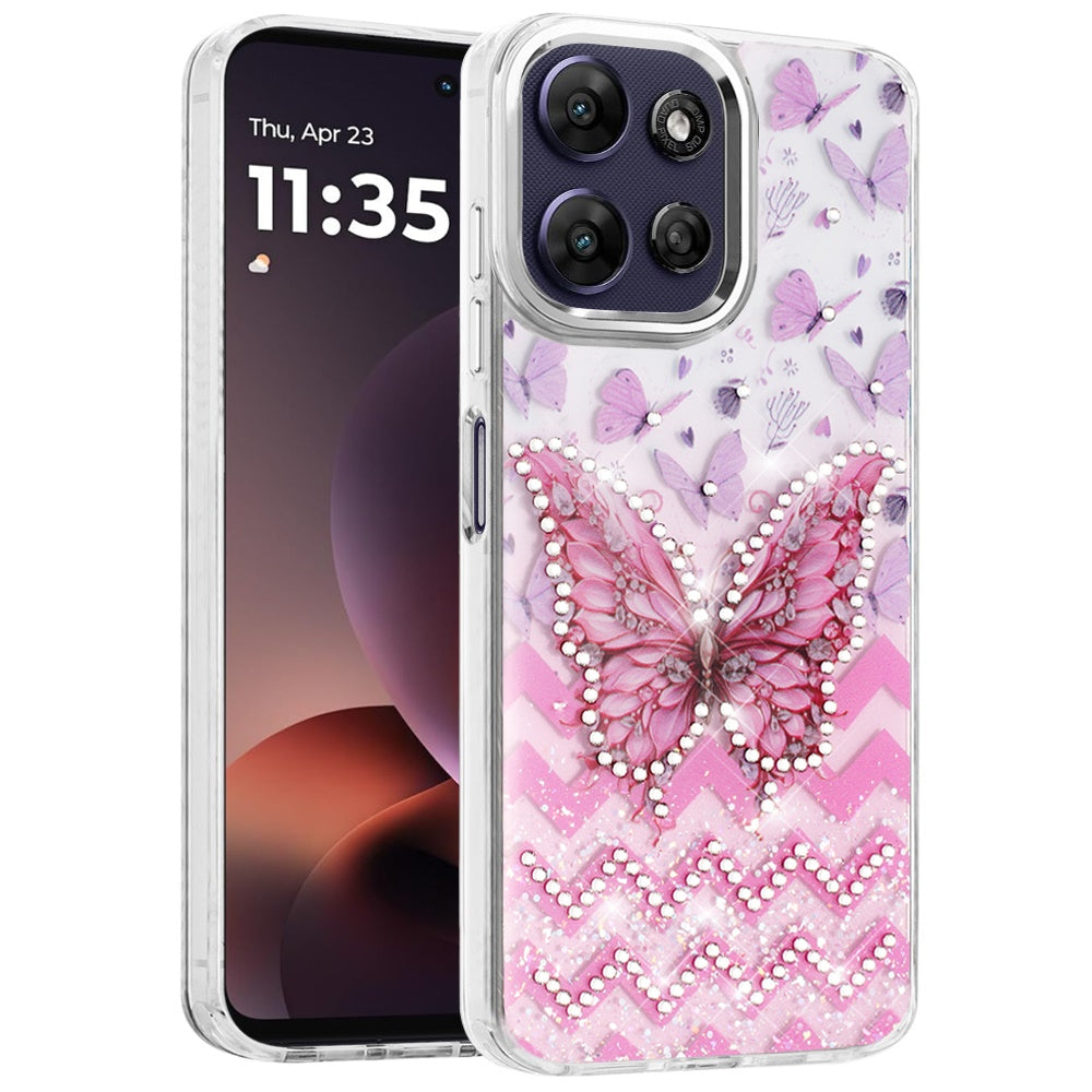 Phone Case for Motorola Moto G Power 5G 2026 /2025 Butterfly Resin Epoxy Diamond Bling Metal Edge Shockproof Hybrid Luxury Protective Durable Stylish Fashion Grip Cover Pink