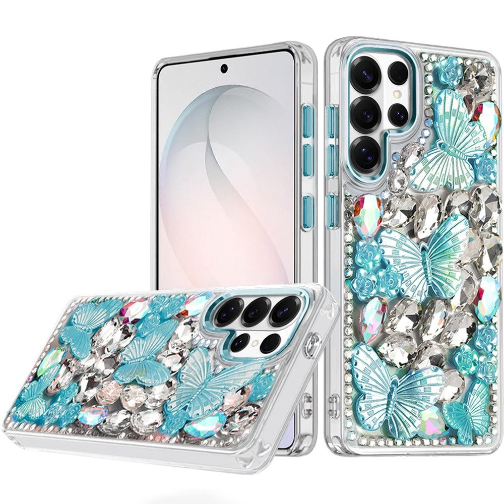 For Samsung Galaxy S26 Ultra 3D Diamond Floral Butterfly Bling Stone Hybrid, Sparkly Rhinestone Gemstone Back Shockproof Case Cover