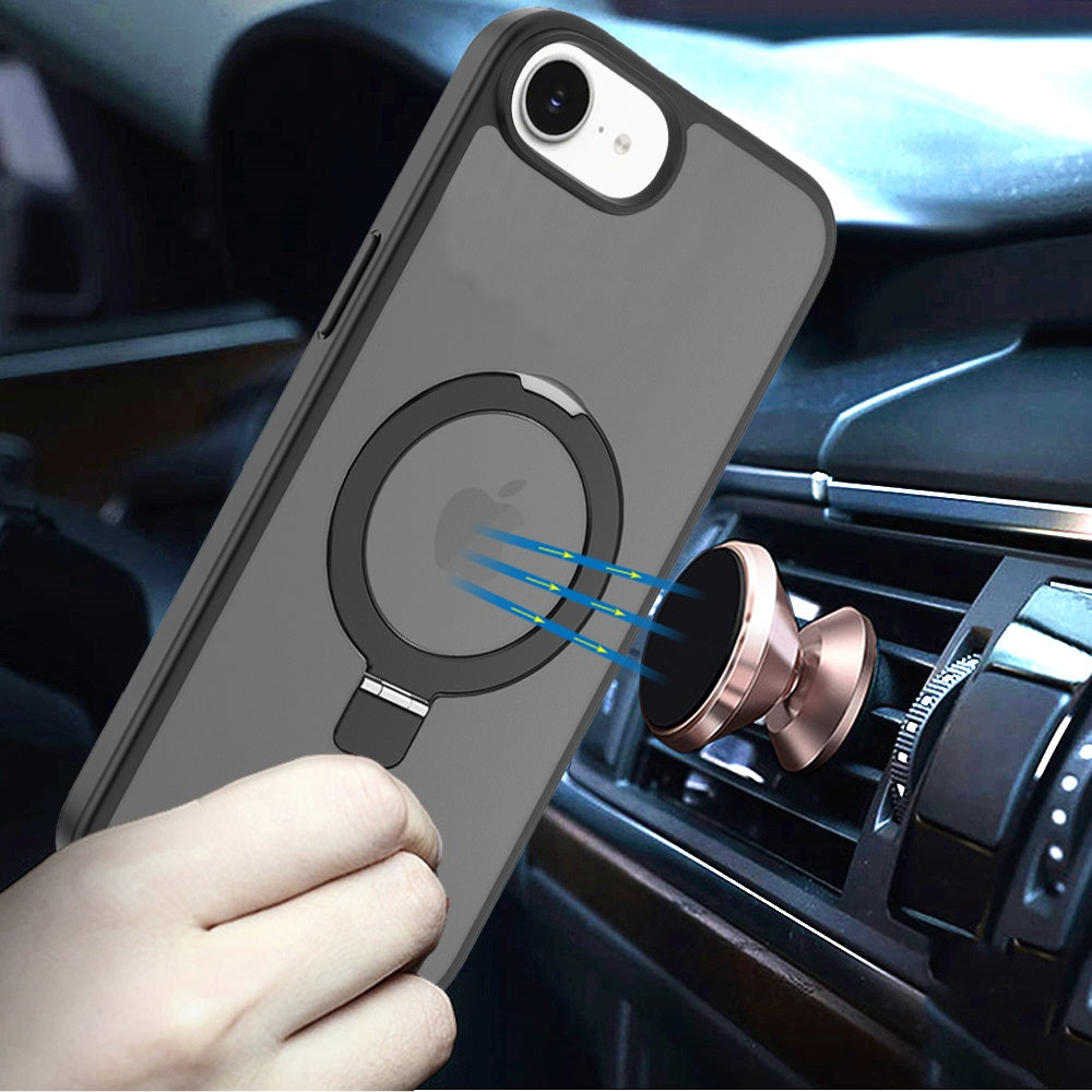 Phone Case for Apple iPhone SE 3 (2022) SE/8/7 Magnetic Ring Stand Full Rotation Matte Shockproof Grip Anti Slip Durable Camera Protection Hybrid Cover Black