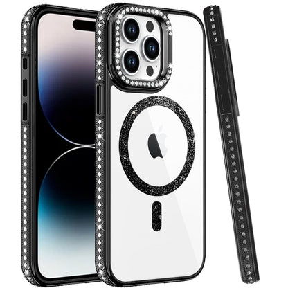 Phone Case for Apple iPhone 14 Pro Max Luxury Diamond Bling Edged Magnetic Glitter Shockproof Hybrid with Camera Kickstand Durable Grip Cover