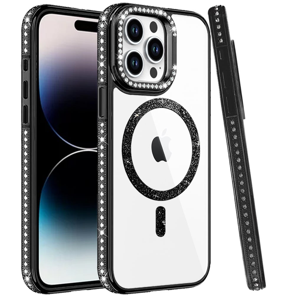 Phone Case for Apple iPhone 14 Pro Max Luxury Diamond Bling Edged Magnetic Glitter Shockproof Hybrid with Camera Kickstand Durable Grip Cover