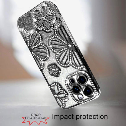 For Apple iPhone 13 Pro Max Luxury Flower Design Sparkle Glitter Diamond Rhinestone Shimmer Bling Plating Thick TPU Hard PC Case Cover