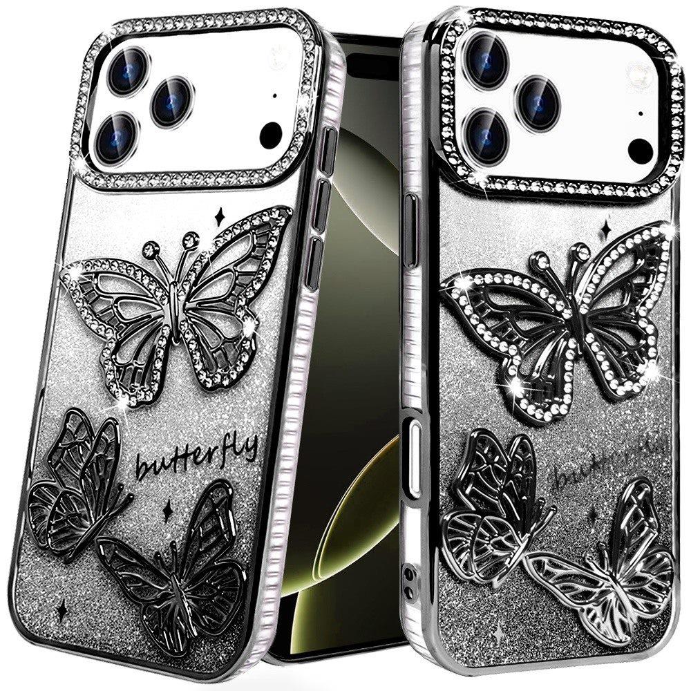 For Apple iPhone 17 Pro (6.3") Luxury Butterfly Sparkle Glitter Diamond Crystal Rhinestone Shimmer Bling Plating Thick TPU Hard PC Case Cover