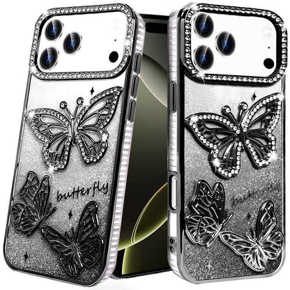 For Apple iPhone 17 Pro (6.3") Luxury Butterfly Sparkle Glitter Diamond Crystal Rhinestone Shimmer Bling Plating Thick TPU Hard PC Case Cover