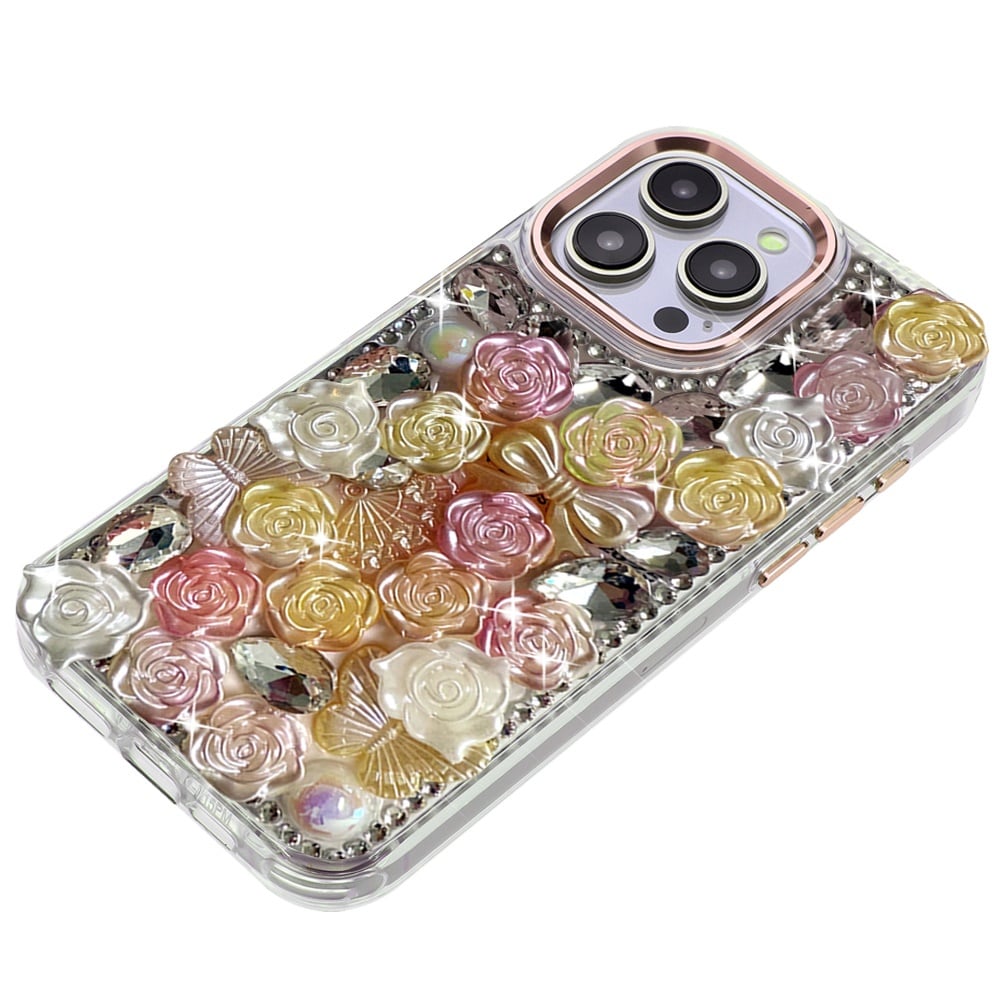 Phone Case for iPhone 15 Pro (6.1") 3D Flower Bling Rhinestone Glitter Cute Stylish Shockproof Protective Decorative Luxury Grip Stones Ornaments Cover