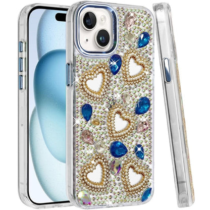 Phone Case for Apple iPhone 15 Plus Luxury Crystal Heart Rhinestone Diamond Bling Shockproof Hybrid Glitter Protective Stylish Durable Grip Cover